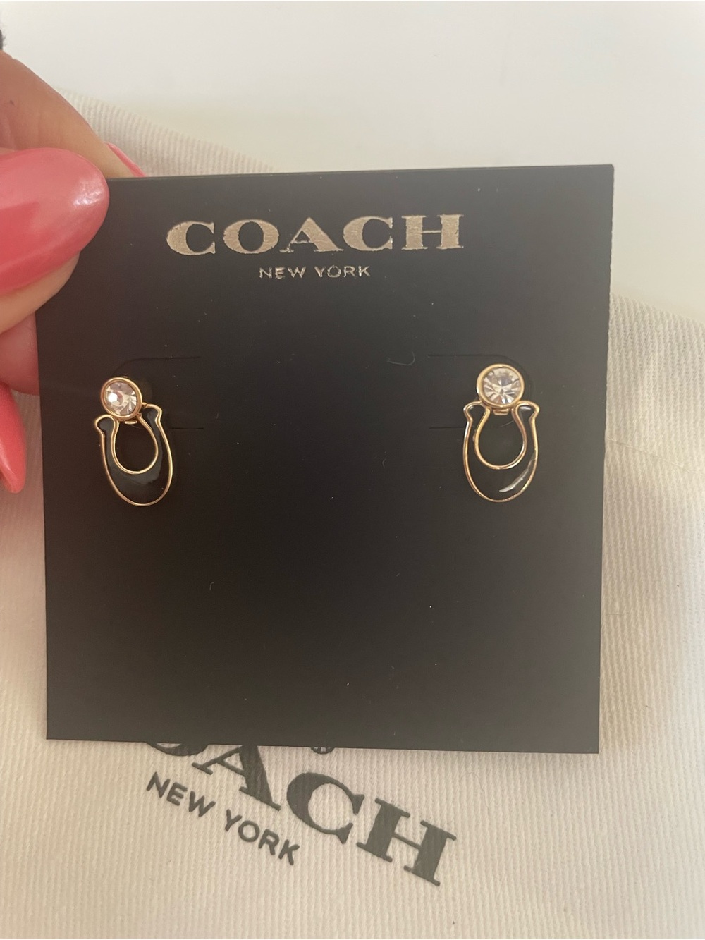 COACH Gold-Tone Crystal Loop Stud Earrings - Picture 2 of 3